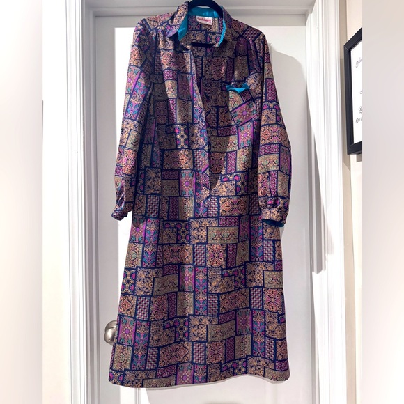 VTG Women’s Checkabery Lightweight Mixed Pattern Long Button Down Retro Dress - Picture 1 of 7